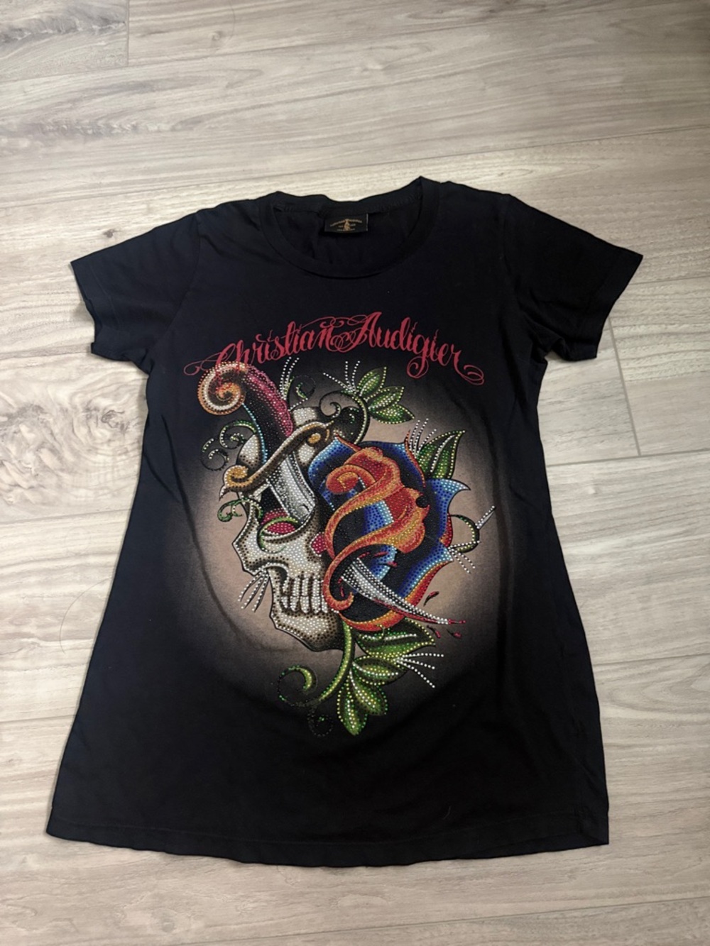 Christian Audigier Black Tee with Colorful Skull, Rose & Dagger Graphic